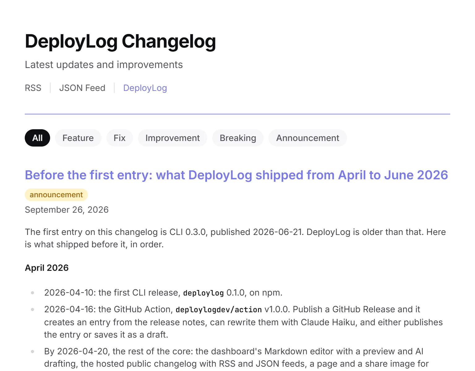 Screenshot of DeployLog's own changelog page, hosted by DeployLog