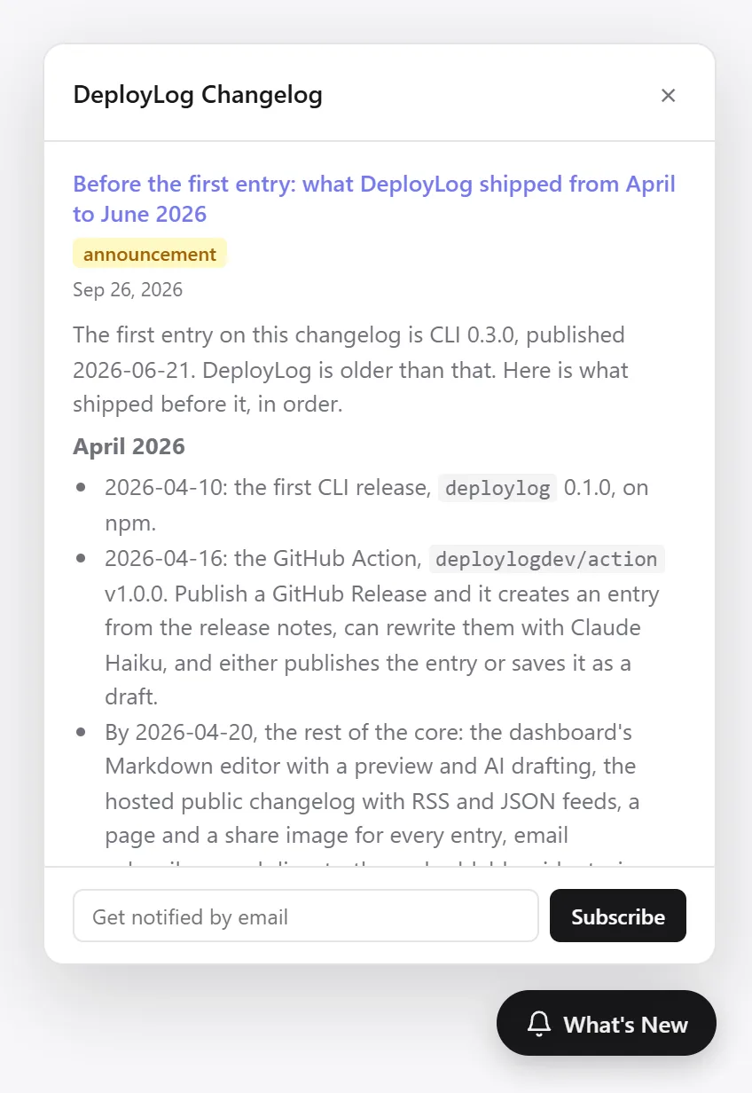 Screenshot of the DeployLog widget open, showing a changelog entry