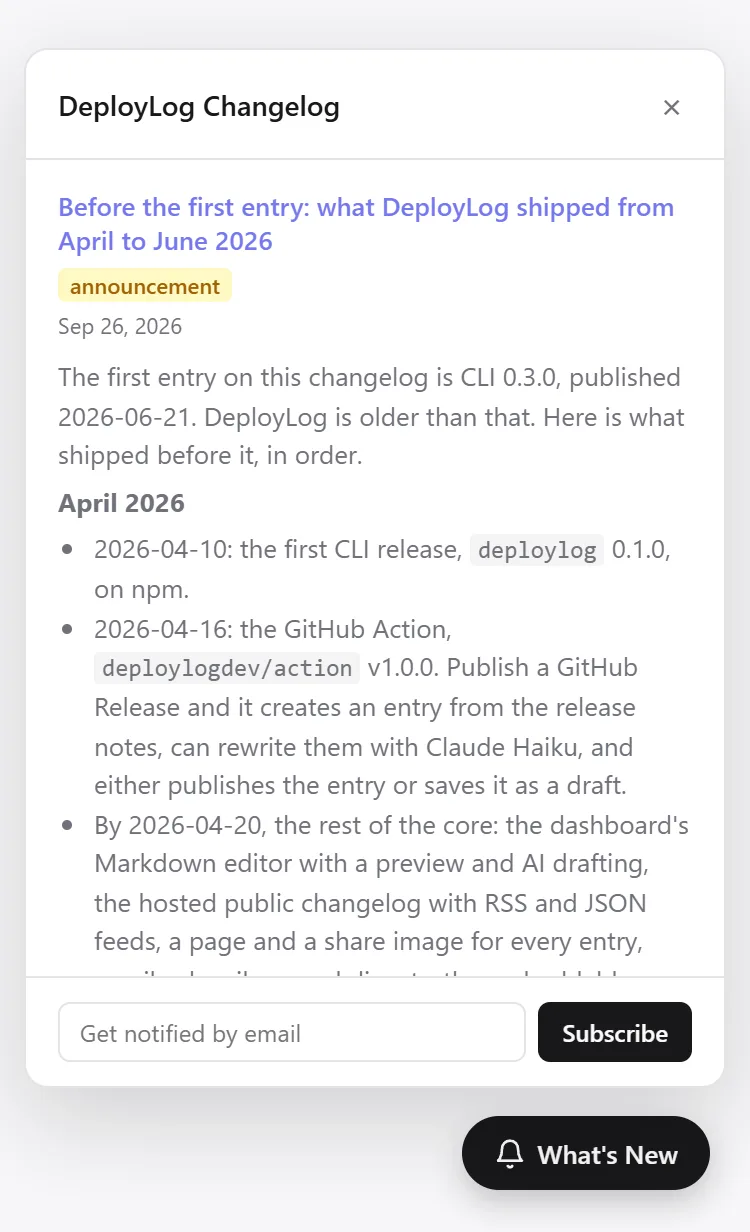 Screenshot of the DeployLog widget open on a phone